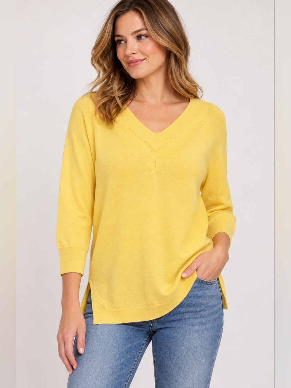 Anthropology Yellow Merino Extra Fine Wool V Neck Tunic Sweater XS 3/4 Sleeve